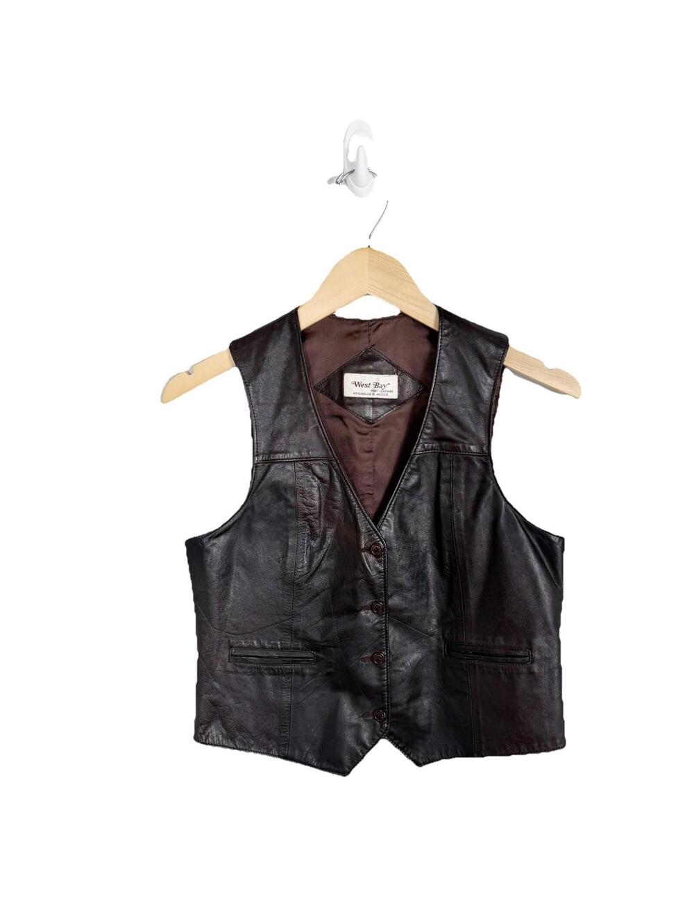 VTG West Bay Sport Womens Large Leather Western Button Brown Vest Boho Size 6